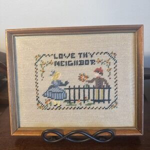 8x10" Vintage Yarn Needlepoint Sampler "LOVE THY NEIGHBOR" Framed